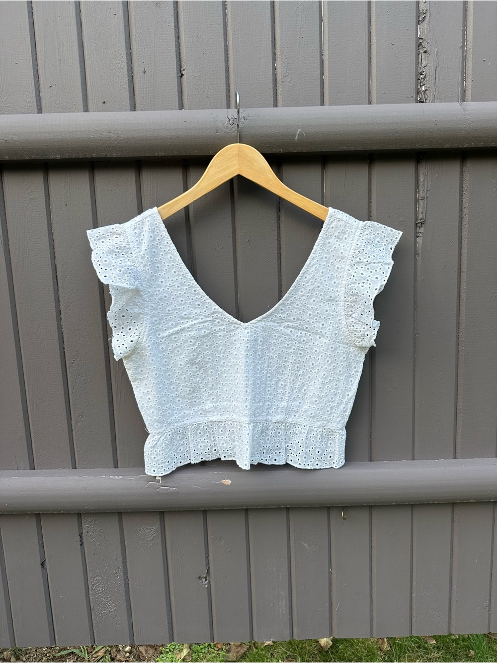 Eyelet V-Neck Ruffle Cropped Top